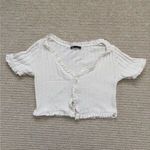 Zara White Button Ruffled V-Neck Top